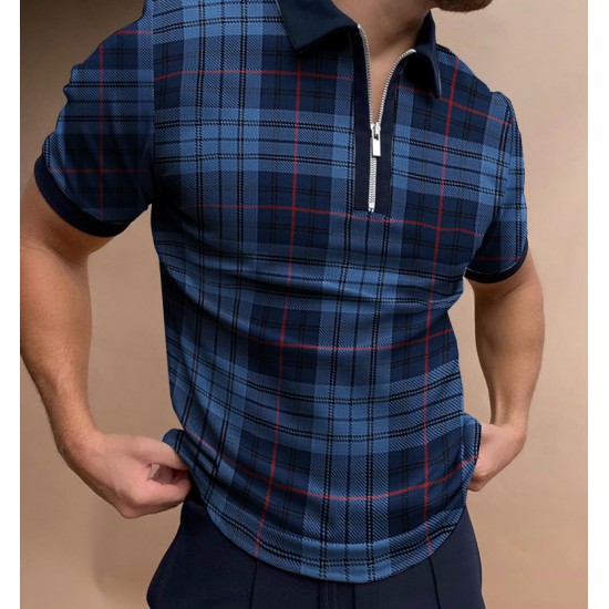 Casual color blocking zippered loose polo shirt HF3017-02-04 Casual color blocking zippered loose polo shirt HF3017-02-04